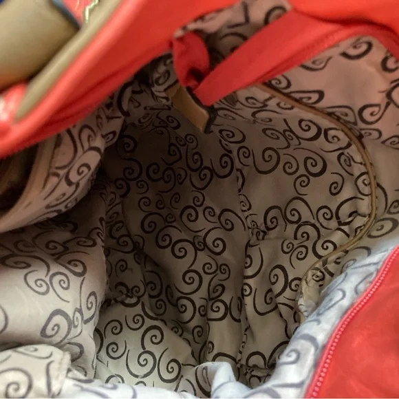 Coral & camel/tan, gold studded, purse. - Picture 7 of 14